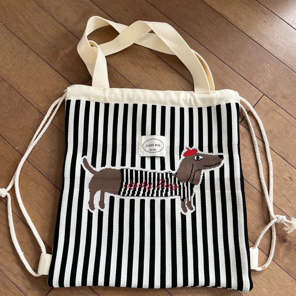 Daschund dog Black and White Striped Tote Bag